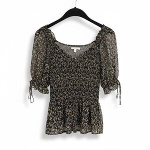 Skies Are Blue Black Floral Smocked Blouse with Tie‎ Accents. Size S